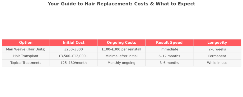 Man weave, hair transplant, topical treatment cost comparison